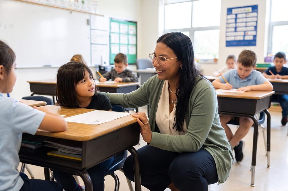 Janessa checking in with a student at a desk