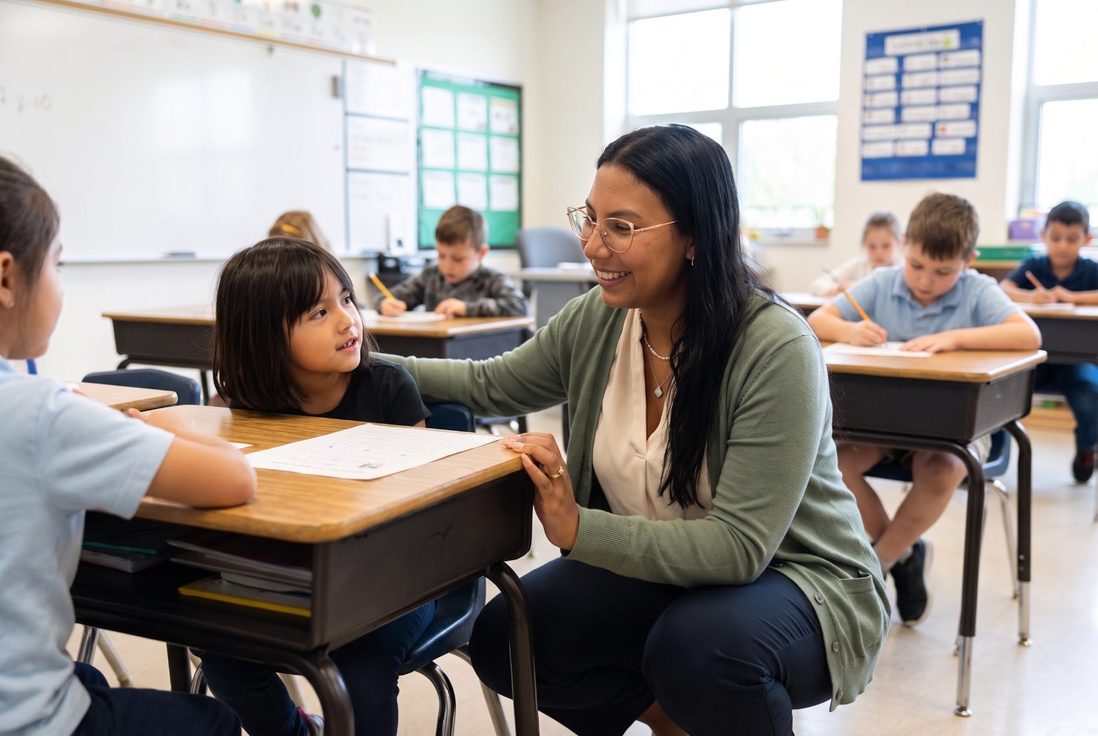 Janessa checking in with a student at their desk